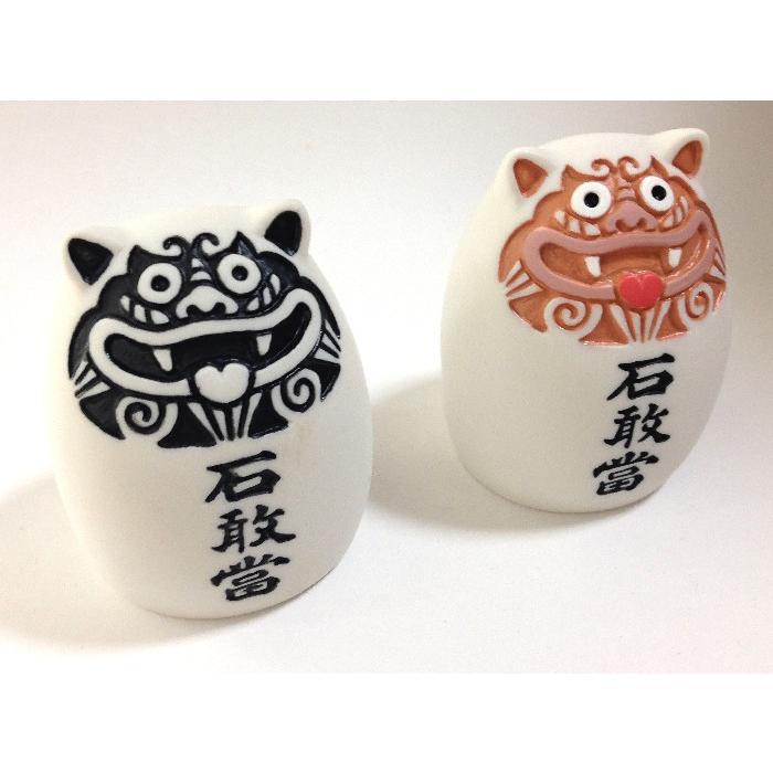 石敢當　二個セット シーサー置物 卵型石敢當 2つセットシーサー茶と黒 本格石彫り ペアー