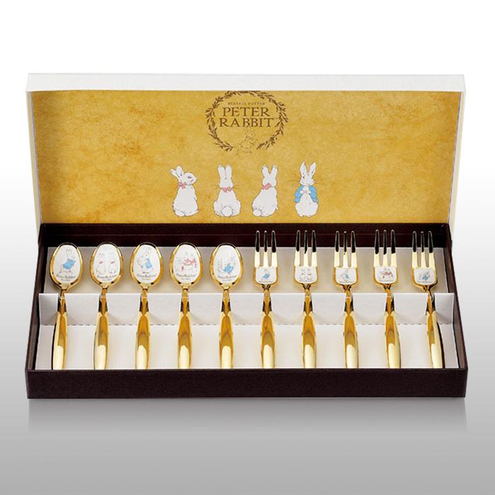 ピーターラビット 金仕上げ 10本セット 七宝 スプーン フォーク ステンレス 箱付き かわいい ギフト プレゼント カトラリーセット ASH-8781