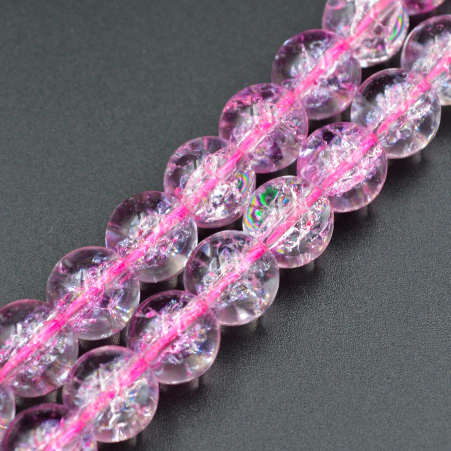 ビーズクラブ 天然石 1連 クラック水晶 ピンク ラウンド 10mm 