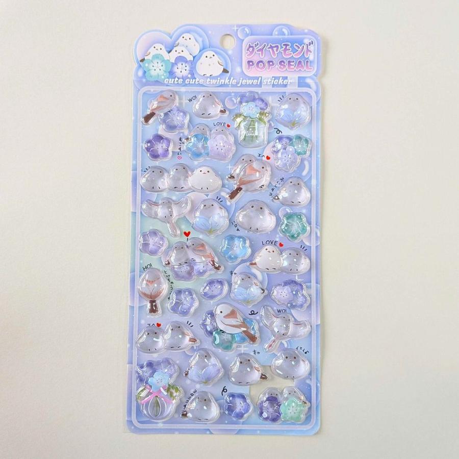 3Dステッカー 立体シール シマエナガ 小鳥 桜 パープル 透明 ドロップ