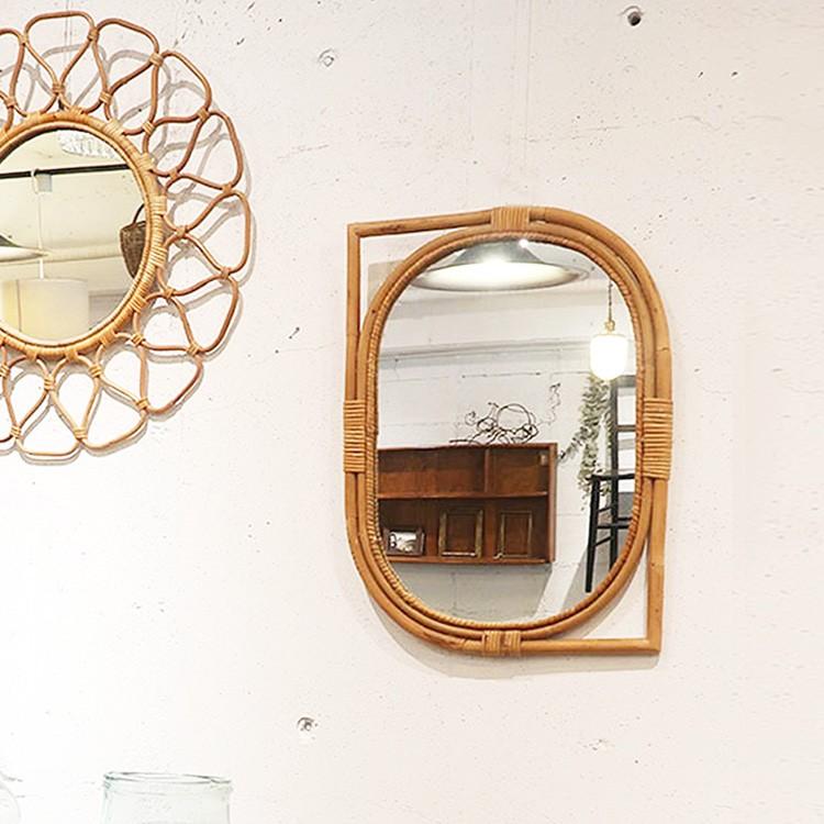 アイアン ウッド ナチュラル アンティーク風 ラタン 籐 鏡 インテリア