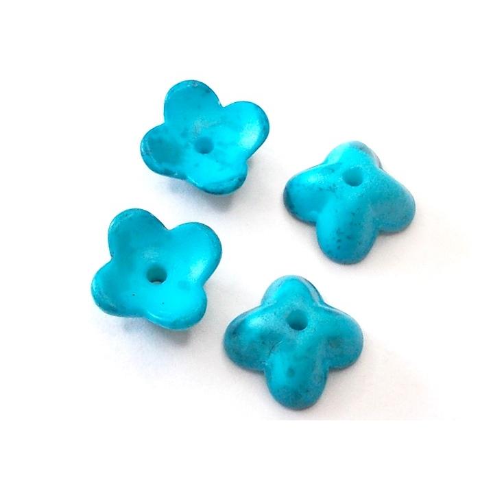 ガラス 4弁花 塗装 ターコイズ 9mm (６ヶ)  ビーズ アンド パーツ フラワー アクセサリー 手芸 ハンドメイド Ｊ４ 花 | 
