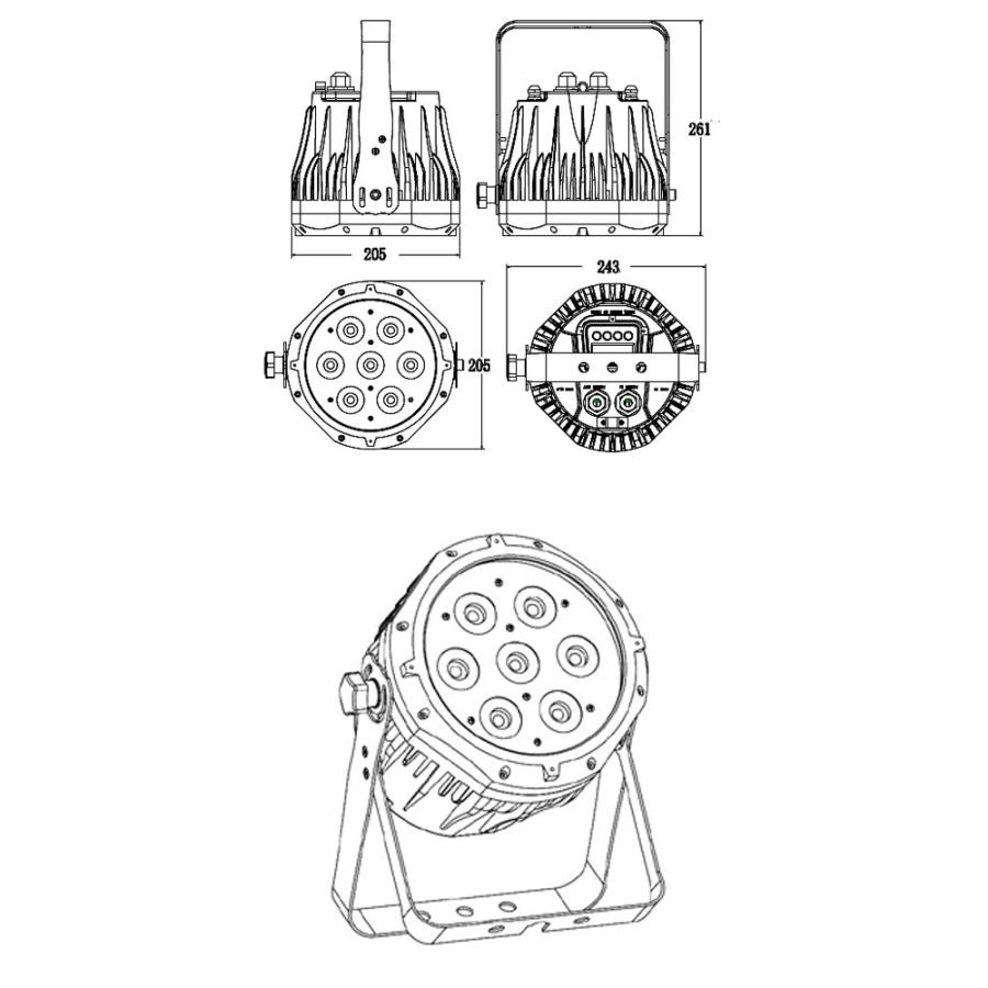 4 in 1 LED Par dim4テクノロジー IP66 7 x 8W LED ダボ付き 落下防止ワイヤー付き デモ機の貸出が可能ですの画像