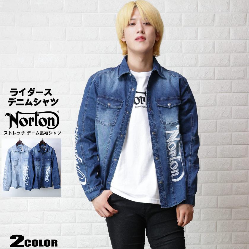 Norton ノートン ストレッチ デニム シャツ 刺繍 メンズ 長袖シャツ
