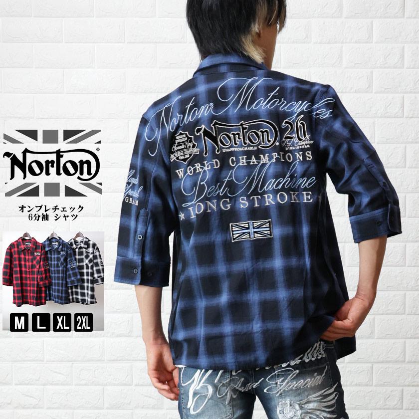 Norton ノートン オンブレチェック 6分袖 シャツ 刺繍 ノートンロゴ