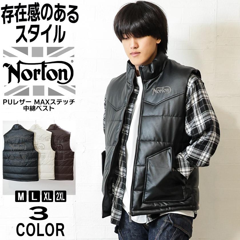 ノートン（NORTON） メンズ 中綿ベスト PUレザー MAXステッチ ドロー