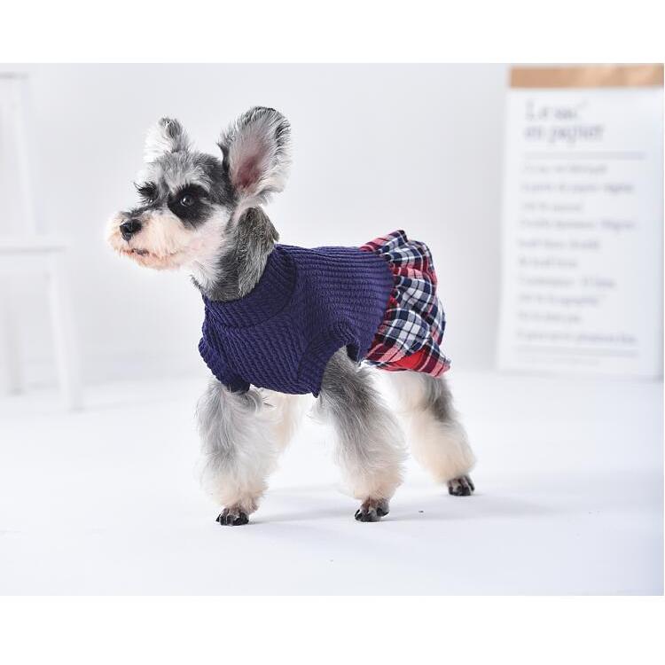 犬 服 ワンピース 秋冬 タータンチェック ニット フリル 伸縮 防寒