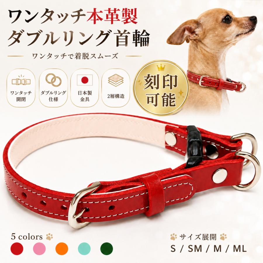 新発売 犬 首輪 本革 ワンタッチ ダブルリング 小型犬 中型犬 名入れ