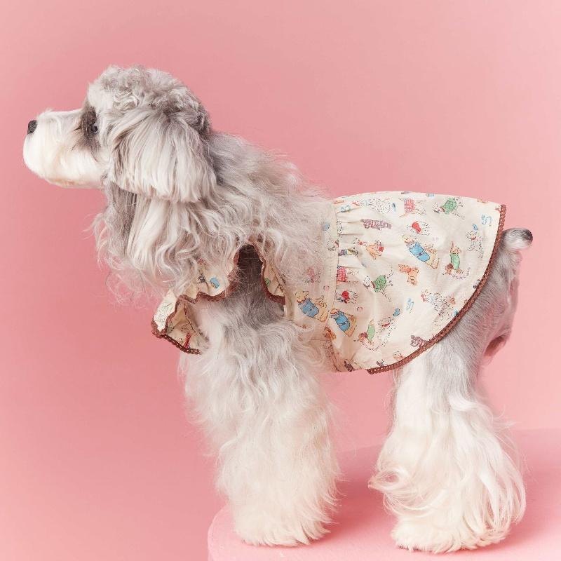 2024年度新商品 犬ワンピース ナチュラル フリル ワンピース 犬柄生地 