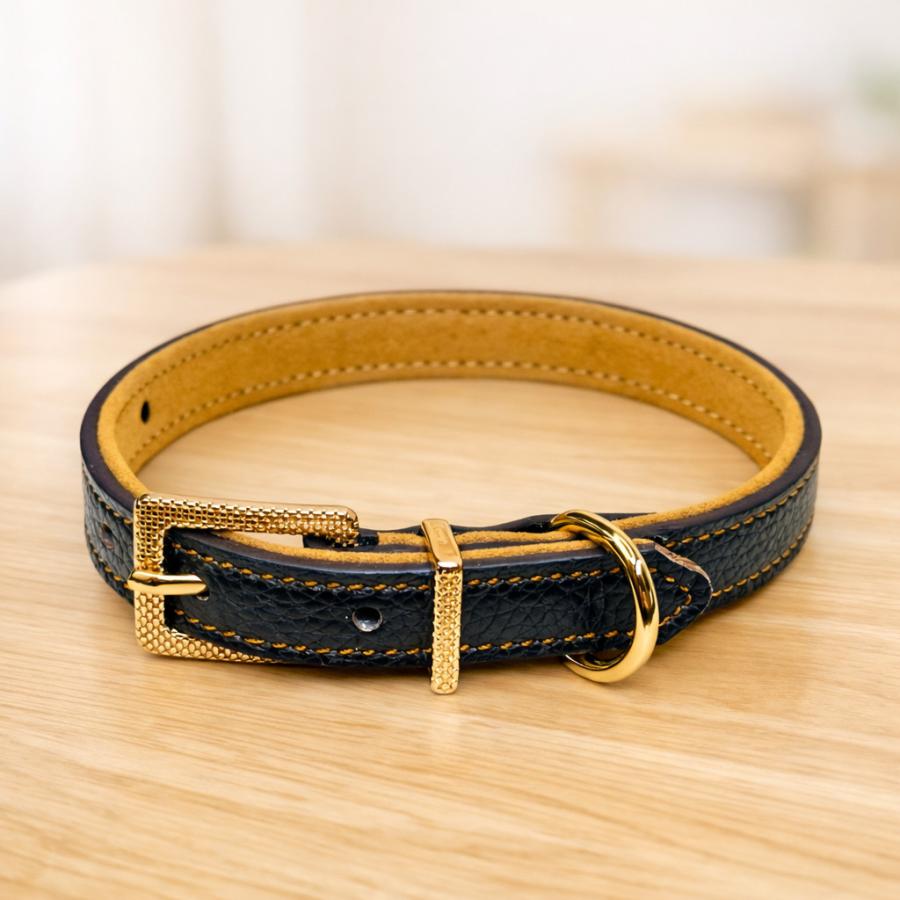 鹿革製品、犬用レザー首輪 黒と黄色 ゴールドバックル【小型犬様】 20%OFFクーポン対象 犬 ベーシック ソフトタッチ 首輪 犬首輪 革