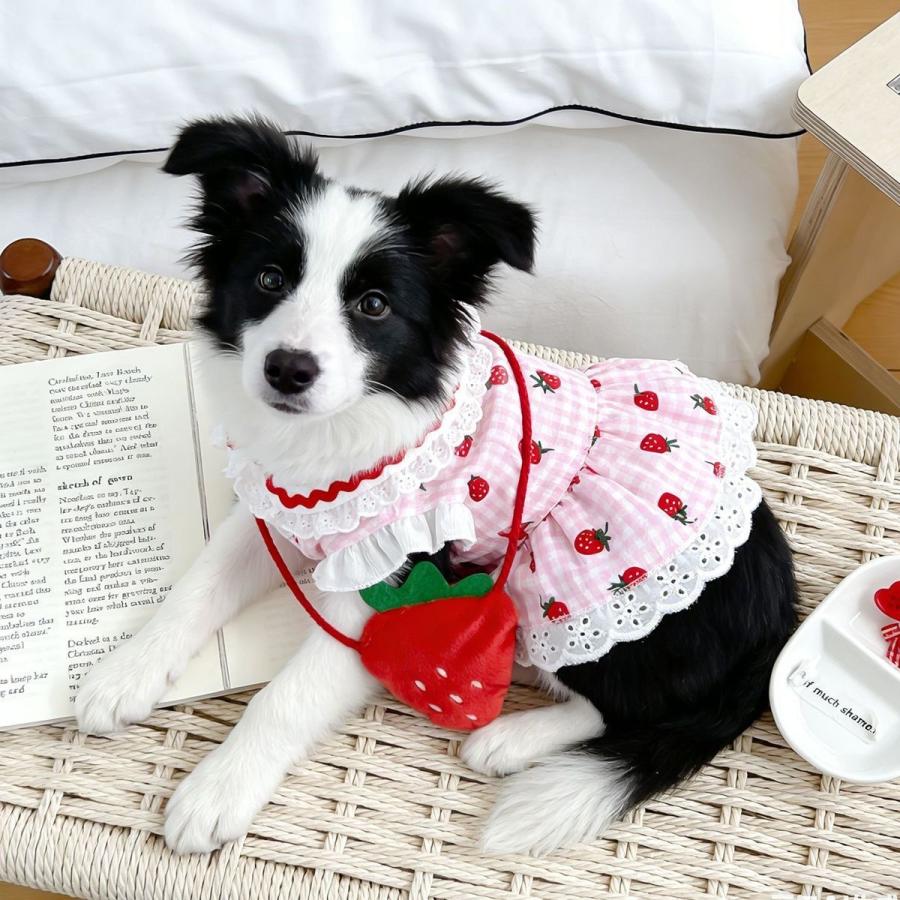 新商品 犬服 春 夏 犬ワンピース いちごポシェット チェック柄