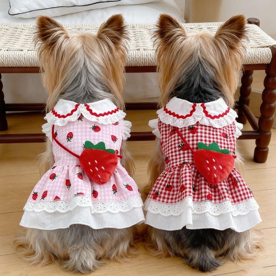 新商品 犬服 春 夏 犬ワンピース いちごポシェット チェック柄