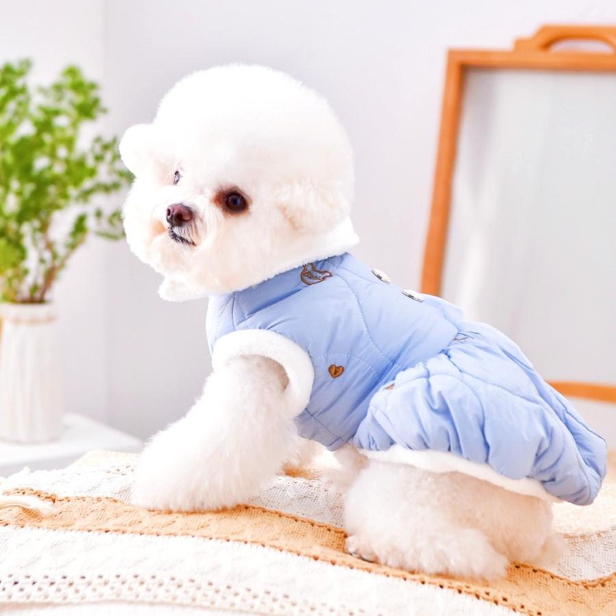 犬服 冬 ワンピース 裏起毛 防寒 リボン 星刺繍 前開き スナップボタン