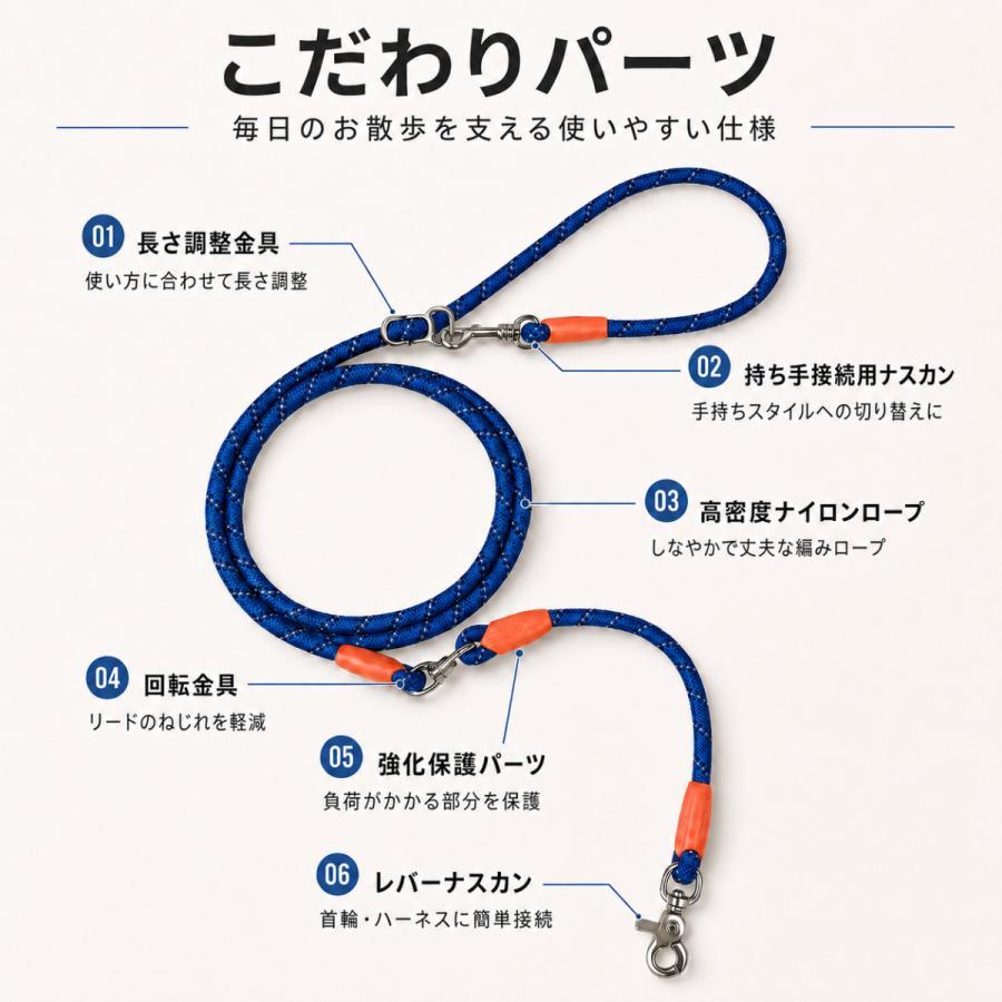 犬用ショルダーリード 3WAY ハンズフリー 肩掛け 腰巻き 手持ち ナイロン 小型犬 中型犬 大型犬 2.5m 3.5m 5.5m |  | 03