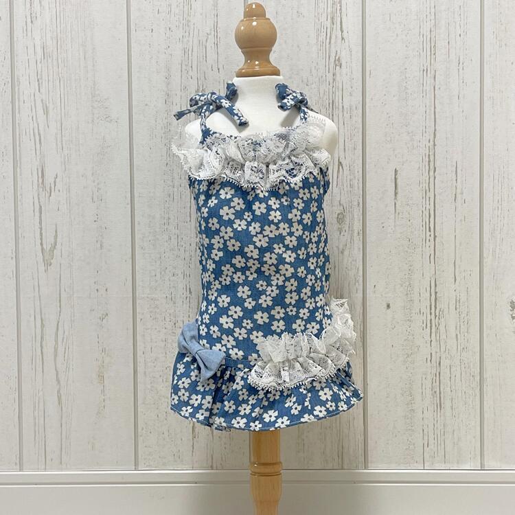 犬 ワンピース リボン付き ブルー 花柄 ブランド 高級 犬服 服