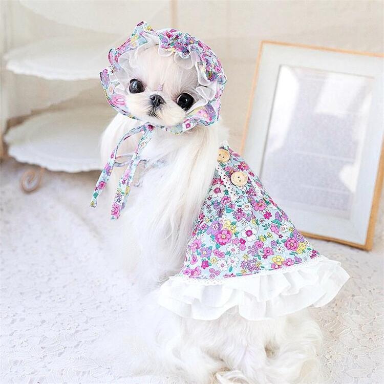 犬用 ワンピース フリル帽子付き 花柄 ブランド 高級 犬服 犬 服 犬の服 ドッグウェア 猫 小型犬 中型犬 ペット用 おしゃれ 洋服 可愛い 春夏 春 夏 正規代理店 Wear21 22 Beanspet 通販 Yahoo ショッピング