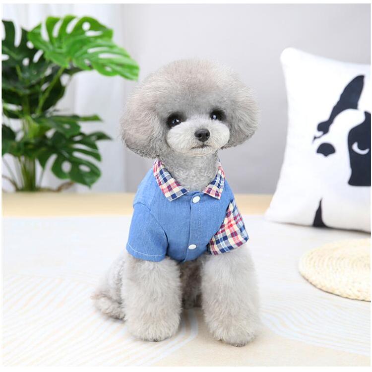 犬服 デニム風シャツ 小型犬 ドッグウェア 春夏 チェック柄 半袖