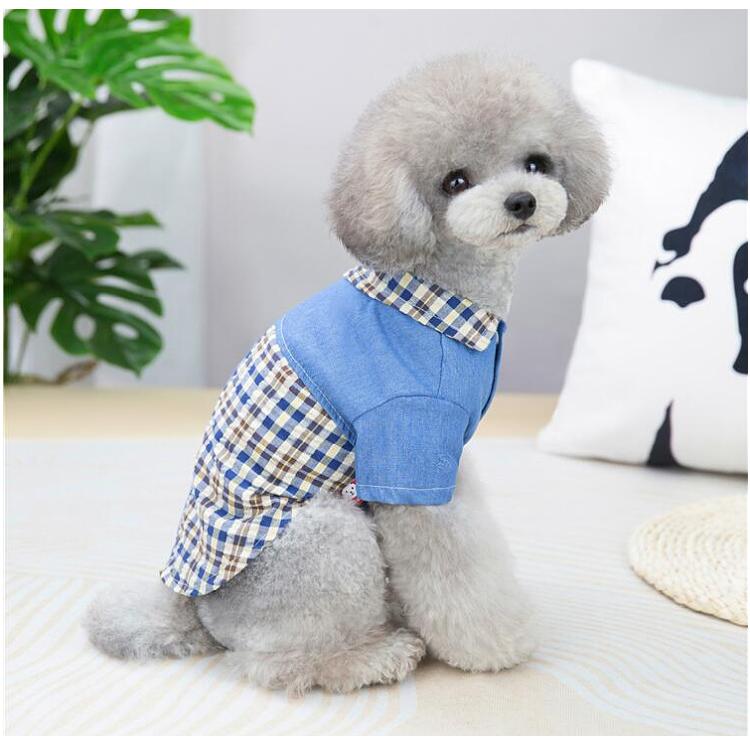犬服 デニム風シャツ 小型犬 ドッグウェア 春夏 チェック柄 半袖