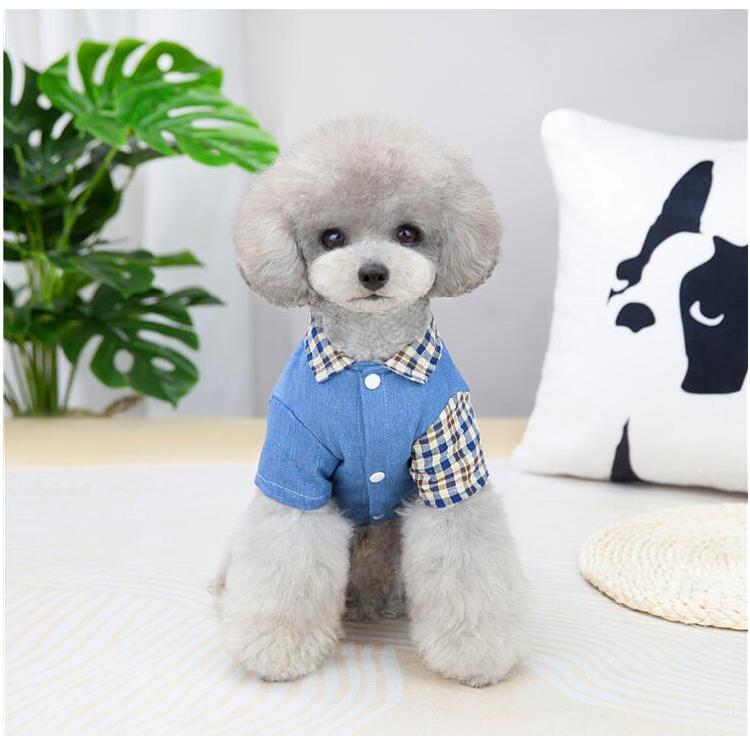 犬服 デニム風シャツ 小型犬 ドッグウェア 春夏 チェック柄 半袖