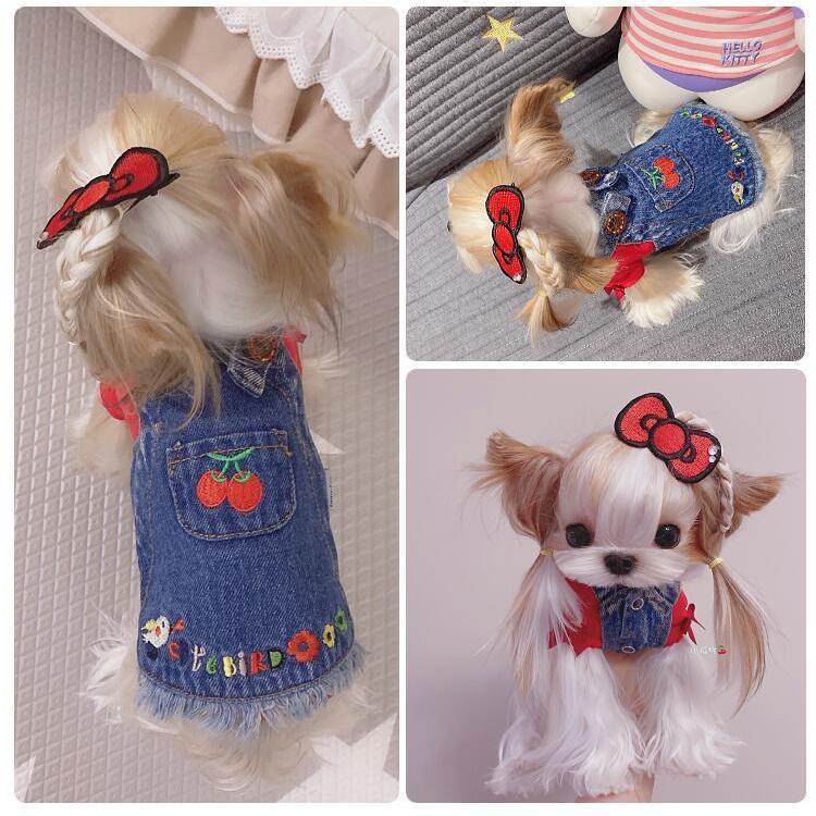 犬服 犬 服ワンピース チェリー 刺繍 デニム ブランド 犬の服 ドッグ