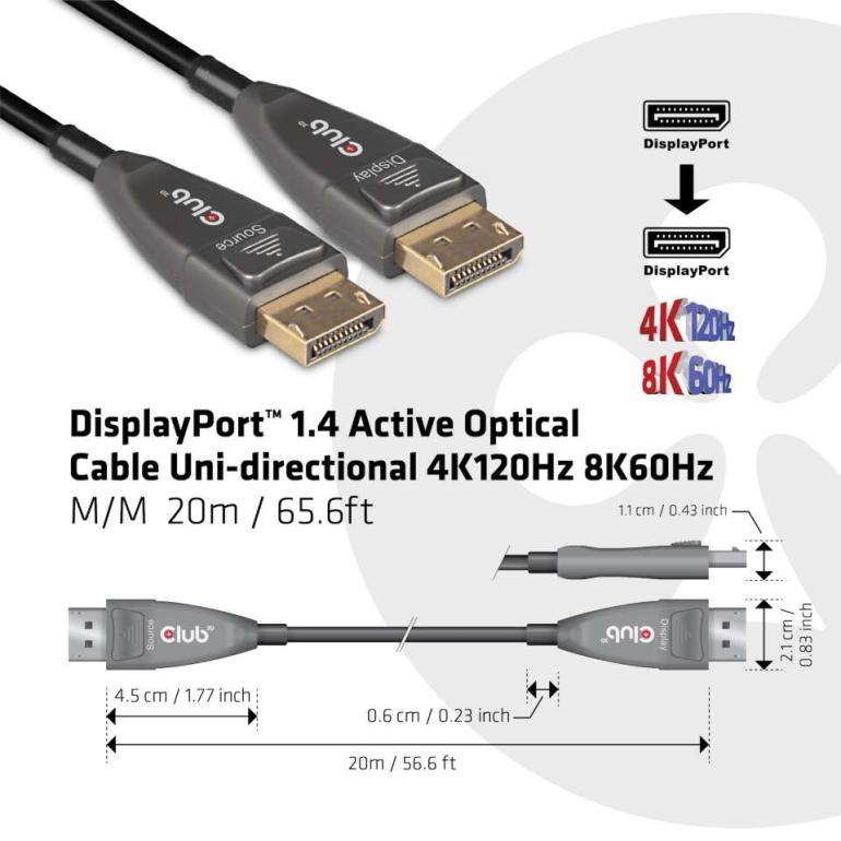 国内正規品 Club 3D DisplayPort 1.4 アクティブ 光ケーブル Active Optical Cable 単方向 4K120Hz 8K60Hz オス/オス 20m (CAC-1079)_1