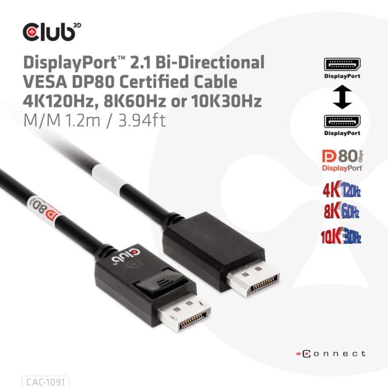 国内正規品 Club3D DisplayPort 2.1 双方向 VESA DP80 認証 4K120Hz