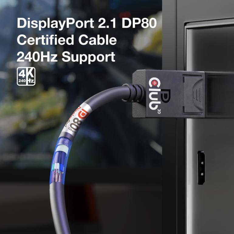 Câble DisplayPort 2.1 Club 3D - 4K240Hz, 8K60Hz, 10K60Hz - Certifié VESA DP80 - 1.6m
