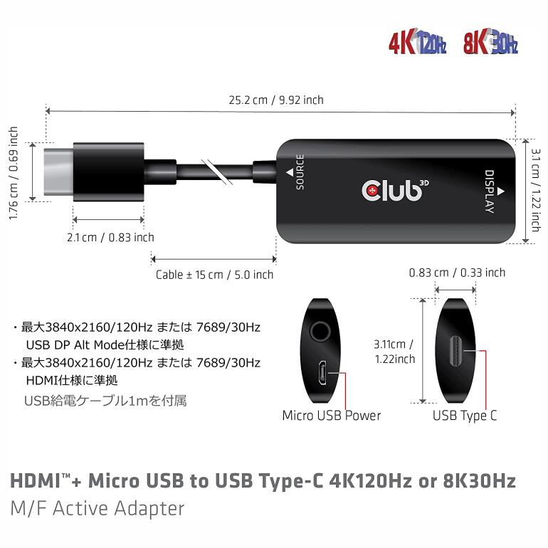 国内正規品 Club 3D HDMI オス to USB Type C メス 4K120Hz 8K30Hz