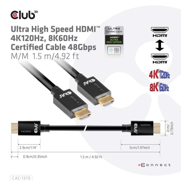 国内正規品 Club3D HDMI 2.1 4K120Hz 8K60Hz 48Gbps Male/Male 1.5m