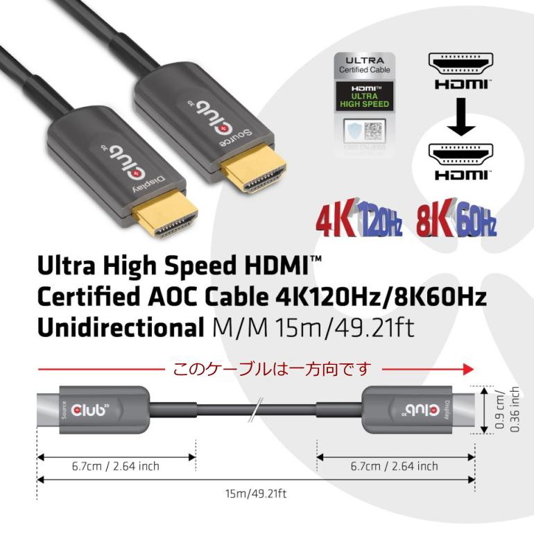 国内正規品 Club 3D HDMI 2.1 4K120Hz 48Gbps オス/オス 15m Active Optical Cable アクティブ 光 認証 ケーブル (CAC-1377)｜bear-house2｜02