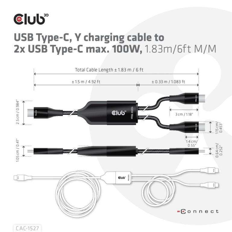 国内正規品 Club 3D USB Type-C Y字 給電ケーブル to 2x 最大 100W
