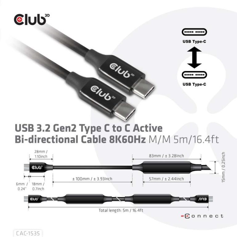 国内正規品 Club 3D USB Gen 2 Type C アクティブ 双方向 ケーブル