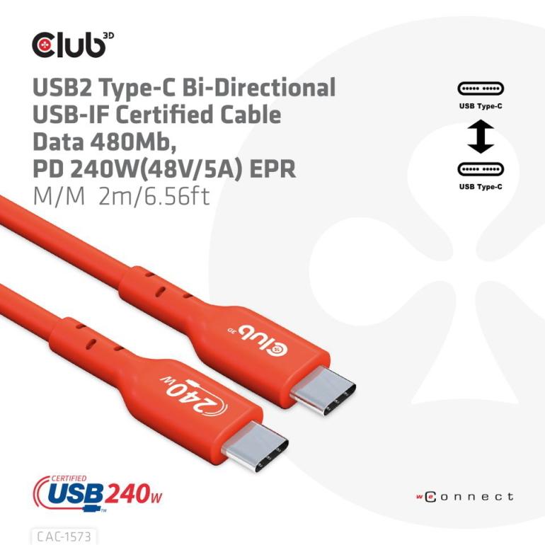 国内正規品 Club 3D USB2.0 Type C 双方向ケーブル 480Mbps PD 240W(48V/5A) EPR オス/オス 2m (CAC-1573) (2m 480Mbps)｜bear-house2｜02