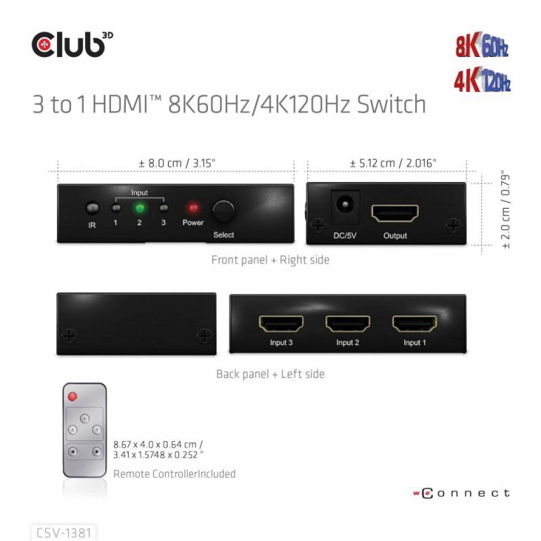 国内正規品 Club3D HDMI 8K60Hz / 4K120Hz 3入力1出力 切替器 スイッチ
