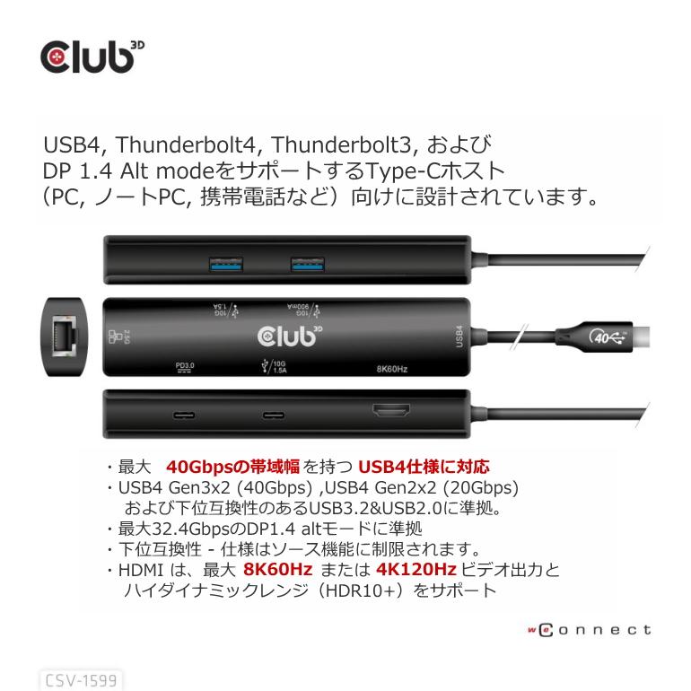 CLUB3D USB4™ Gen3x2 Type-C, 6-in-1 Hub With HDMI™ 8K60Hz Or 4K120Hz 2xusb Type A10g Ethernet Rj4525g And 2xusb Type C 1x Data10g And 1 Csv 1599