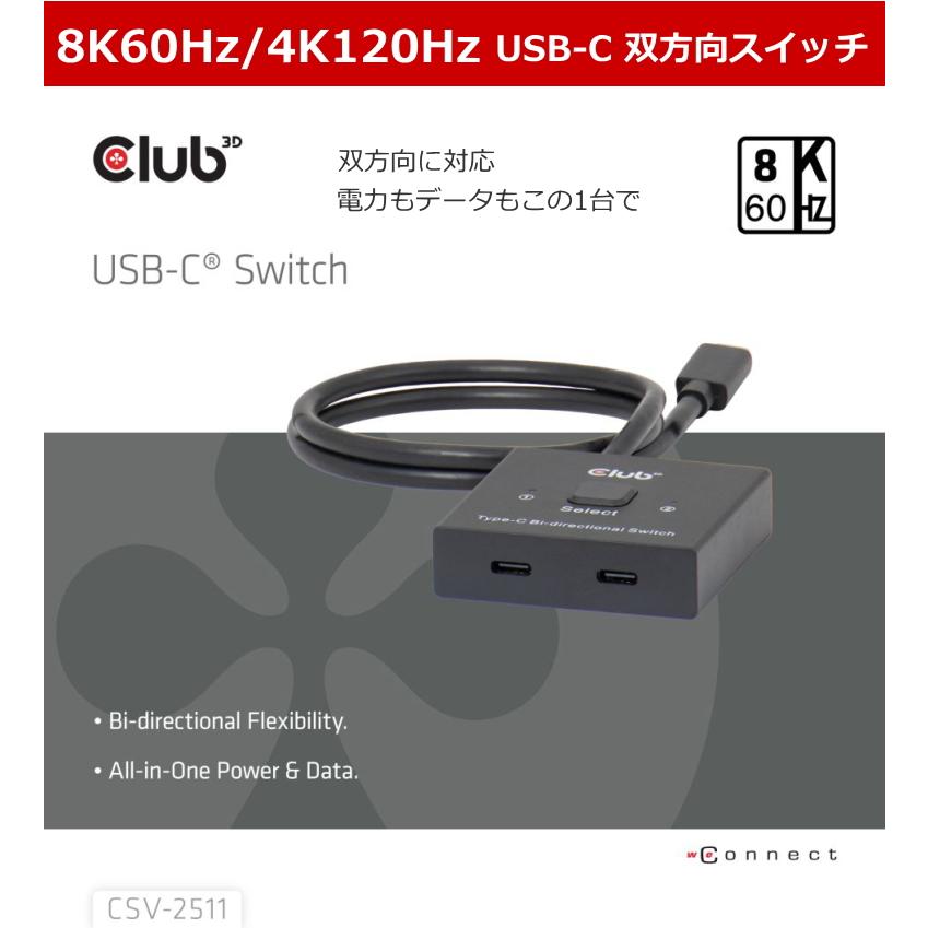 国内正規品 Club3D USB Type-C 双方向スイッチ 8K60Hz / 4K120Hz
