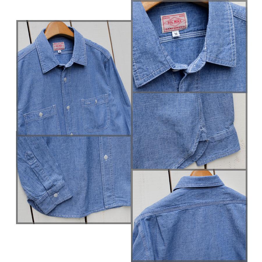 BIG MIKE ビッグマイク シャンブレーシャツ ライトインディゴ 無地 ワークシャツ マチ L/S Chambray Shirts Lt Indigo｜beardstore｜02