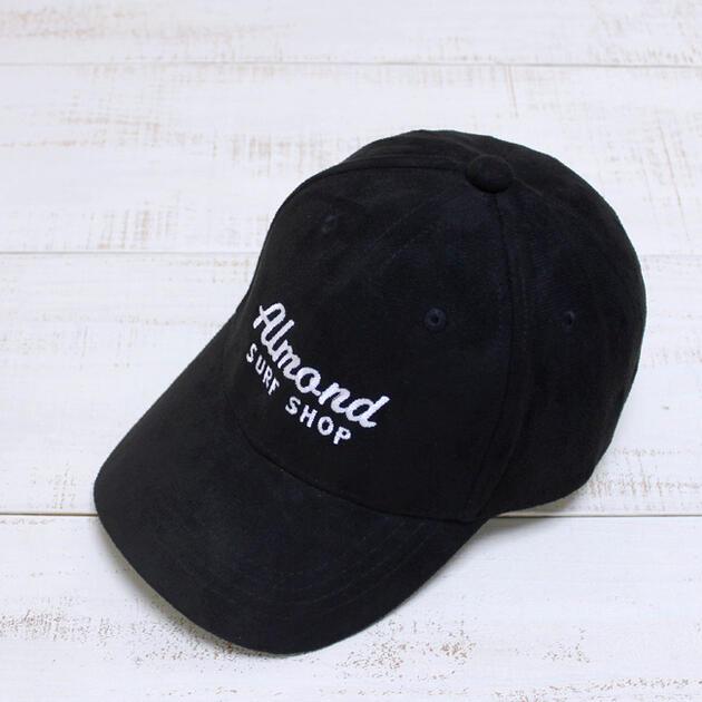 アーモンドサーフ スウェードキャップ ブラック Suede Cap 合皮 刺繍 ロゴ 6パネルトラッカー シンセティック ベースボール Almond Surfboards Designs | ALMOND（ファッション）