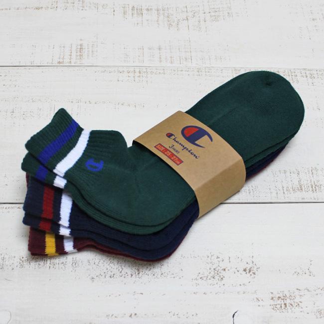 Champion チャンピオン クウォーターレングス ソックス 3足組 ネイビー バーガンディ ダークグリーン ハーフパイル くるぶし丈 3 Pack Quarter Socks | Champion
