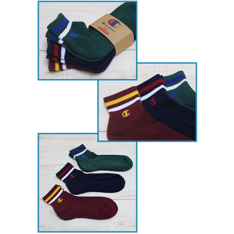 Champion チャンピオン クウォーターレングス ソックス 3足組 ネイビー バーガンディ ダークグリーン ハーフパイル くるぶし丈 3 Pack Quarter Socks | Champion | 01