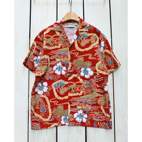 Hilo Hattie ヒロハッティ ボーイズアロハシャツ レッド 風景柄  Boys Aloha Shirt Vintage Scenic Red ハワイ製  Made in Hawaii pointup｜beardstore