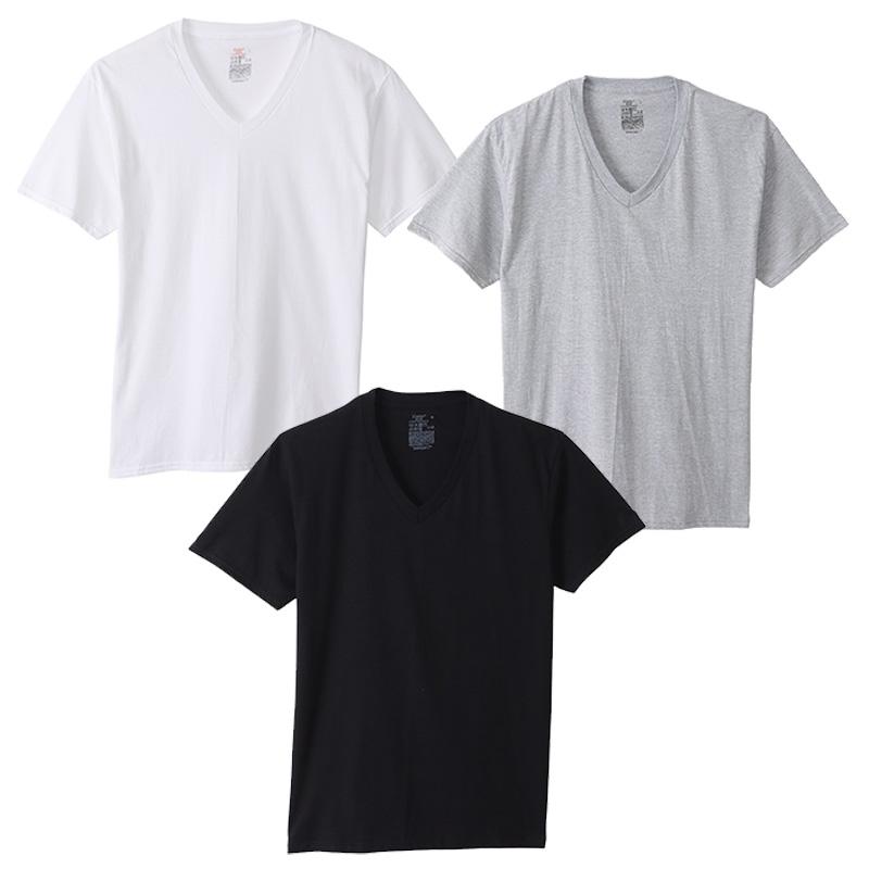 Hanes（ヘインズ） 2枚組 Vネック半袖Tシャツ ホワイト ヘザーグレー