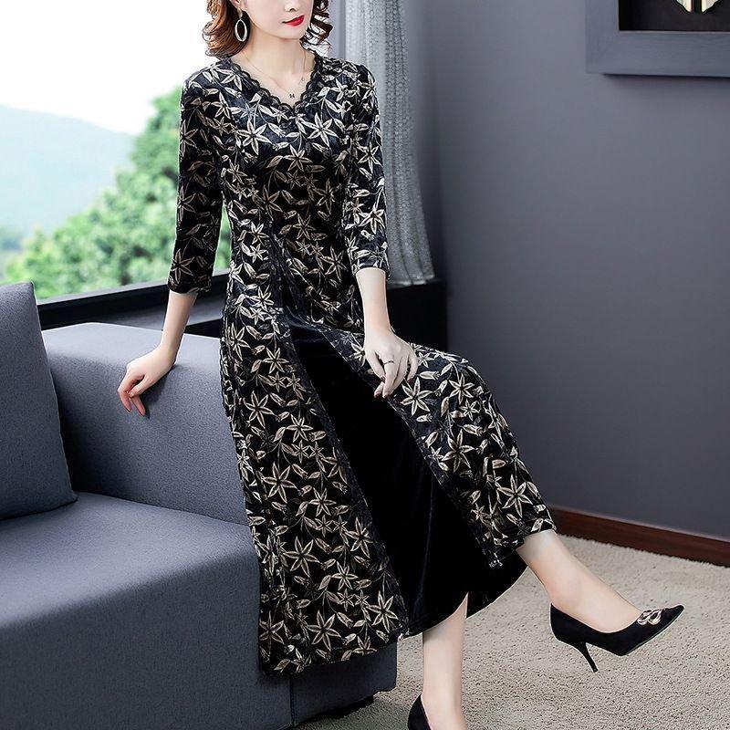 ファッションデザイナー 細見え 上品 ブラック ロング丈ワンピ フリル襟 Vネック 7分袖 花柄 パーティードレス ワンピース クールで上品な 大人の印象を Size交換一部当店負担 大きいサイズ Ckm73 ラグジュアリー ミセス ワンピース チュニック