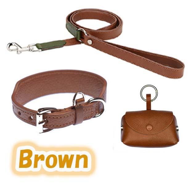 ［molo_mob］ (アメリカ製)茶色レザー犬用リード 首輪3点 ペット用品 首輪 リード ポーチ 犬 牛革 セット Sサイズ 本革 散歩