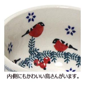 ポーランド陶器・食器 ボウル M 10.5cm 赤い実と赤い鳥 マニュファク