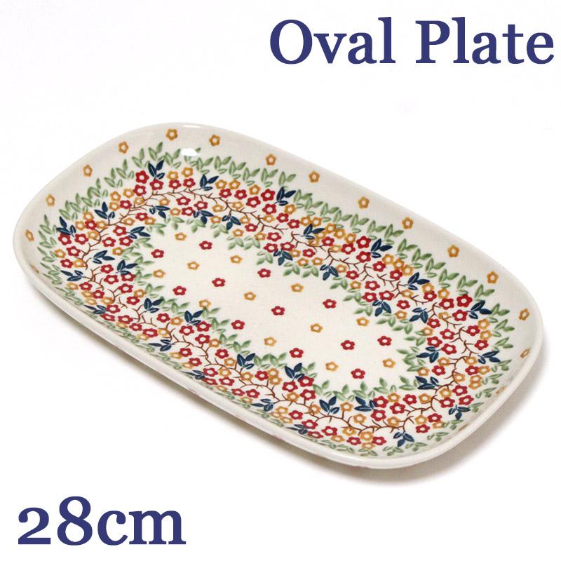 ポーランド食器 陶器 オーバルプレートL 28cm レッド＆オレンジの小花