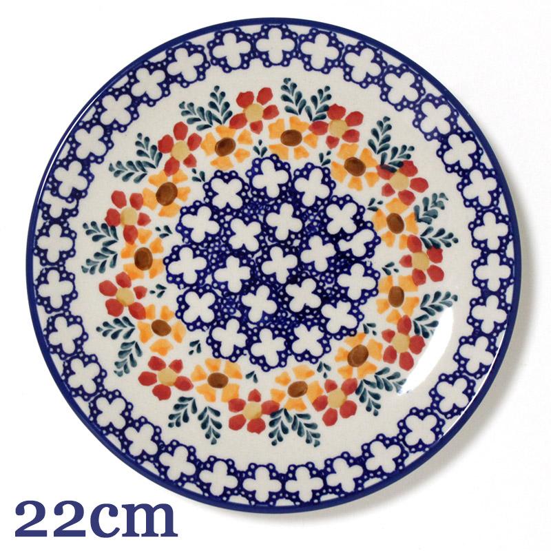 ポーランド 食器 陶器 プレート 22cm お花柄クロス模様 マニュファク