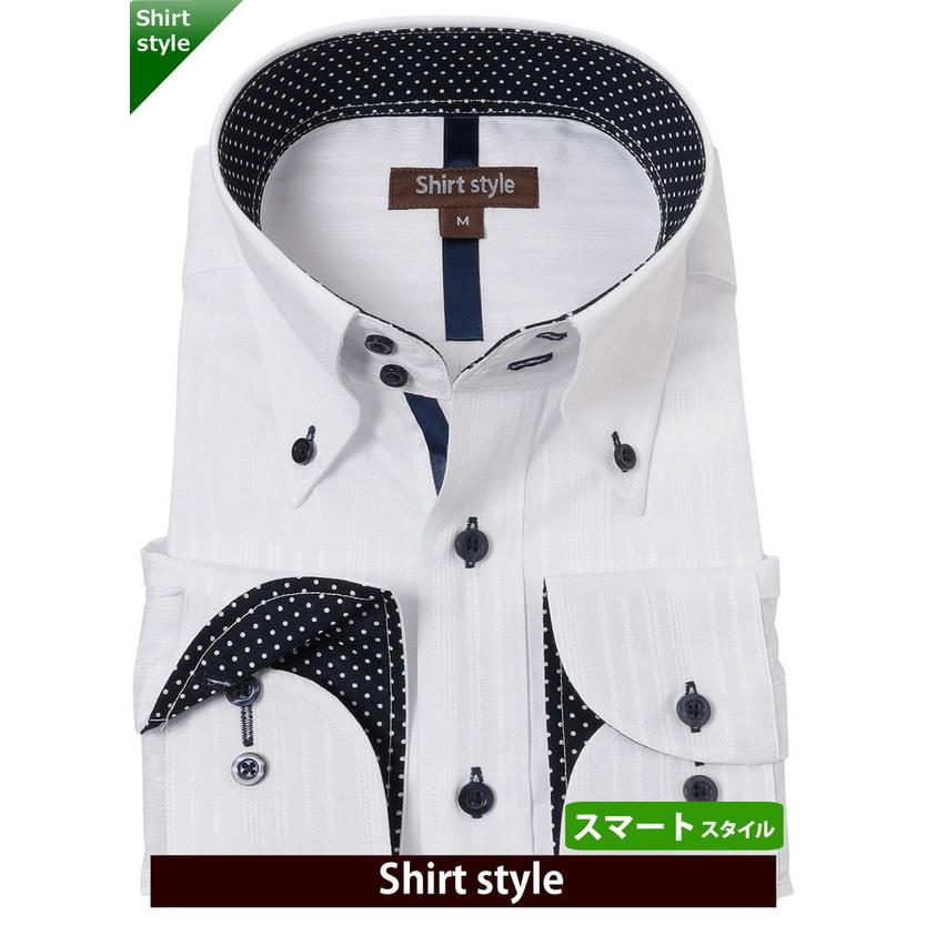 ドレスシャツ おしゃれ 襟高 ワイシャツ メンズ 長袖 ボタンダウン 柄