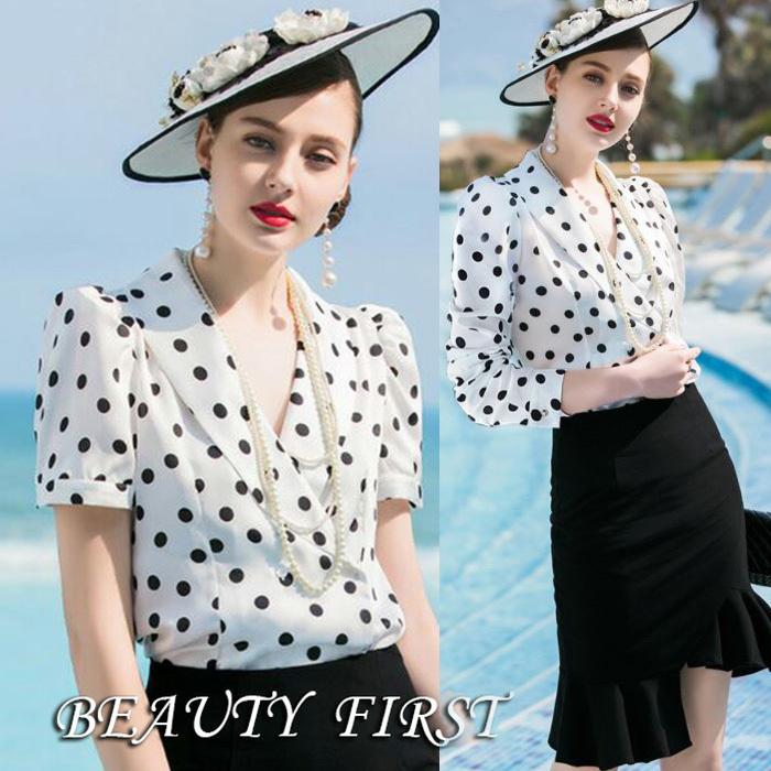 クラシカルドット柄襟付きトップス レディース 長袖 半袖 ドット柄 トップス シャツ ブラウス スーツインナー 結婚式 パーティ デート 通勤 通学 高品質 Addbt Beauty First 通販 Yahoo ショッピング