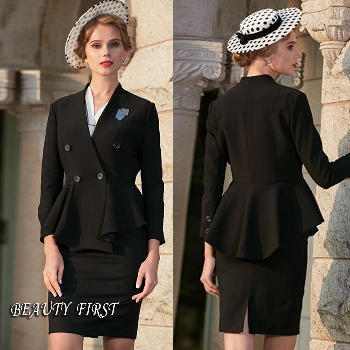 クラシカルペプラム黒スーツ レディース ノーカラースーツ ペプラム タイトスカート 膝上丈 長袖 スーツ フォーマル オフィス Adhpd Beauty First 通販 Yahoo ショッピング